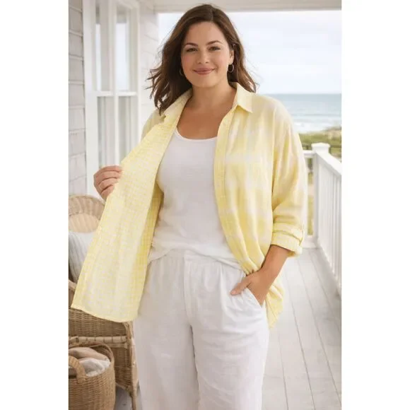 Lands End Cotton Gauze Shirt Yellow Plaid Gingham Lightweight Coastal 22W - Picture 3 of 13